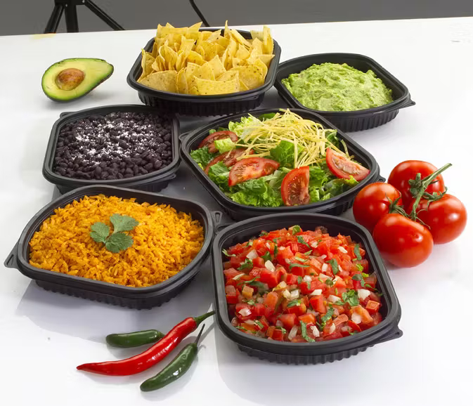 side salad for 6 with sides of rice beans guacamole, and chips